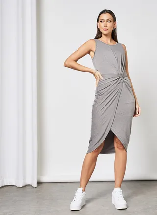 Ruched Bodycon Midi Dress Grey 