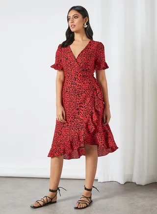 Ruffle Trim Wrap Dress Red 