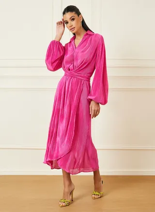 Plisse Button Closure Collared A-Line Midi Dress