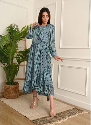 Dot chiffon midi wrap dress with long sleeves, Cyan 