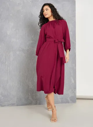 Gathered Detail Mock Neck Lantern Sleeve Midi Dress 