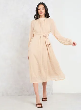 Dobby High Neck A-Line Midi Dress 