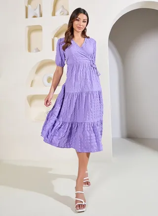 Textured Tiered Wrap Midi Dress 