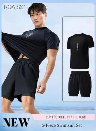 2-Piece Men's Swimsuit Set Fashion Loose Fitting Quick Drying Sun Protection Swimsuit Set With Double Layer Swimming Shorts 