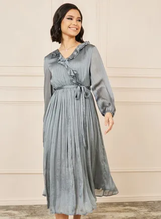 Lurex Striped Ruffle Neck A-line Midi Dress 
