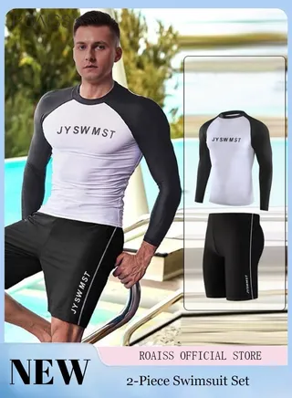 2-Piece Men's Swimsuit Set Fashion Loose Fitting Quick Drying Sun Protection Swimsuit Set With Double Layer Swimming Shorts 