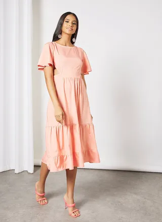 Casual Bell Shape Short Sleeve Midi Solid Woven Dress 51 Peach 