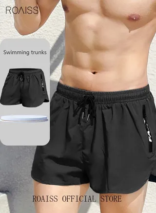 Men's Swimming Trunks Beachwear Quick Dry Double Layer Beach Pants Gym Wear Fitness Workout Short Sports Running Boxer Swim Shorts Swimsuit Summer Pure Black 