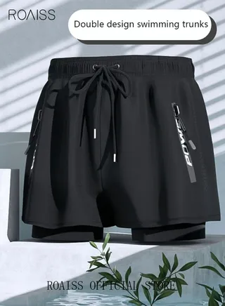 Men's Swimming Trunks Beachwear Quick Dry Gym Wear Beach Pants Fitness Shorts Fitness Workout Short Sports Running Shorts with Inner Compression Solid Black 