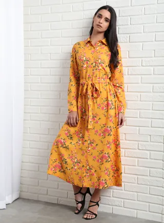 Casual Floral Printed Collared Neck Dress Yellow Aop 