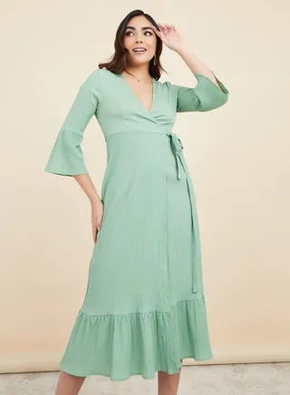 Crinkled Flared Sleeves Wrap Midi Dress 