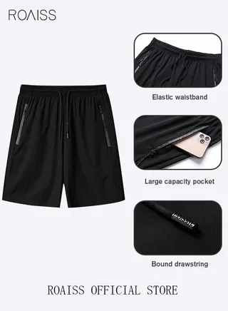 Men's Slant Pockets Drawstring Waist Swimming Trunks Beachwear Beach Five Point Casual Pants Sports Running Boxer Swim Shorts Swimsuit Summer Pure Black 