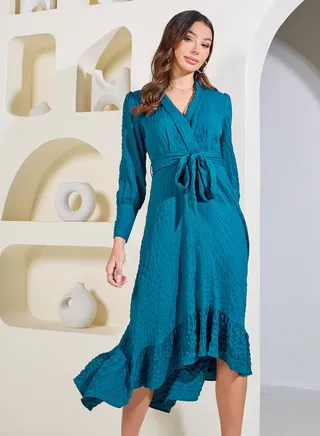 Dobby Texture High Low Ruffle Hem Midi Dress with Self Tie Up 