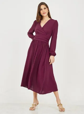 Dobby Pleated Smocked Waist A-Line Midi Dress