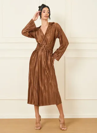 Metallic Accordion Pleats Front Twist Detail Collared Sheath Midi Dress