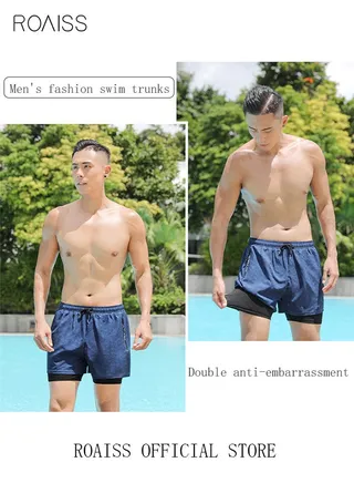 Men's Swimming Trunks Beachwear Quick Dry Gym Wear Beach Pants Fitness Shorts Fitness Workout Short Sports Running Shorts with Inner Compression 