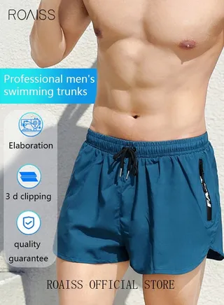 Men's Swimming Trunks Beachwear Quick Dry Double Layer Beach Pants Gym Wear Fitness Workout Short Sports Running Boxer Swim Shorts Swimsuit Summer Blue 