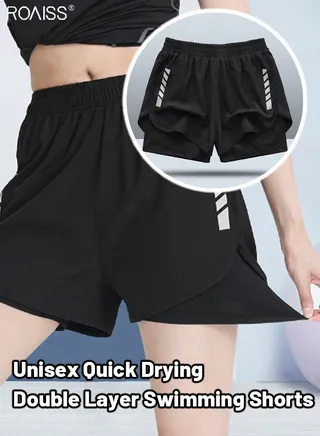 Men'S Double Layer Swimming Trunks Casual Loose Fitting Shorts With Elastic Waist Design And Drawstring Buckle Closure Double Layered Design Protects Privacy 
