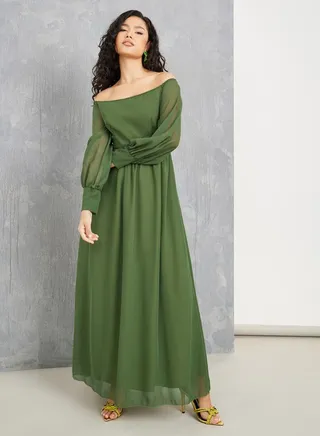 Solid Off Shoulder Cuffed Sleeves Maxi Dress 