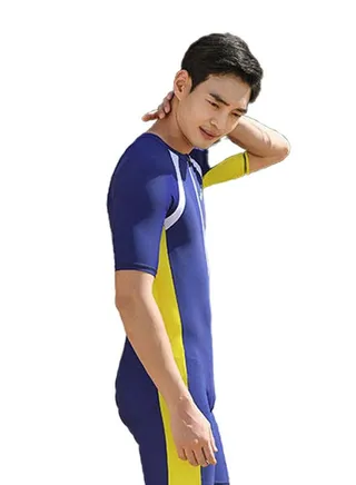 Colour Blocked Short Sleeves Swimwear Blue/White/Yellow 