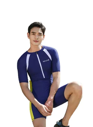 Colour Blocked Short Sleeves Swimwear Blue/White/Yellow 
