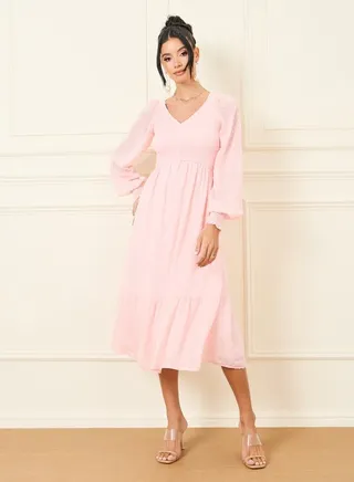 Dobby Smocked A-Line Midi Dress with Cuff Sleeves 