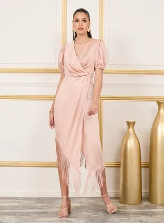 Satin Pleated Tassel Hem A-Line Midi Dress 
