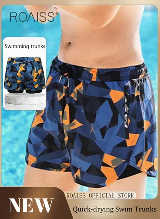 Men's Swimming Trunks Beachwear Quick Dry Double Layer Beach Pants Gym Wear Fitness Workout Short Sports Running Boxer Swim Shorts Swimsuit Summer Pure Black 