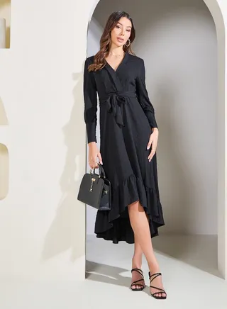 Dobby Texture High Low Ruffle Hem Midi Dress with Self Tie Up 