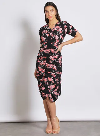 Women's V Neck Sherring Short Sleeve Calf Length Print Dress Black/Pink 