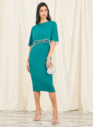 Embellished Cape Bodycon Midi Dress