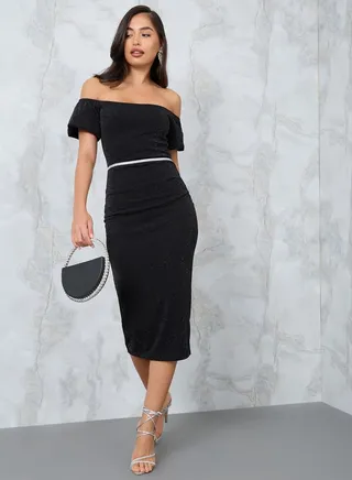 Off Shoulder Bodycon Lurex Midi Dress 