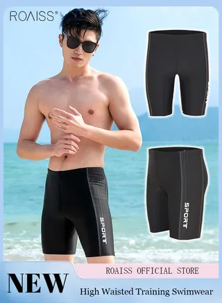 Fashionable High-Waist Stretch Swimming Trunks Men'S Beach Tight Splicing Design Racing Five-Point Swimming Trunks 