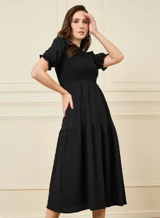 Smocked Midi Dress with Short Sleeves 