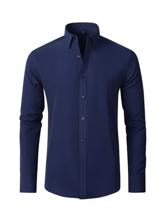 Stretch Non-Iron Anti-Wrinkle Shirt, Men Long Sleeve Button Wrinkle Free Slim Fit Business Shirt Navy Blue 