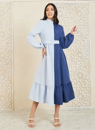 Colorblock High Neck Belted Shirt Midi Dress 