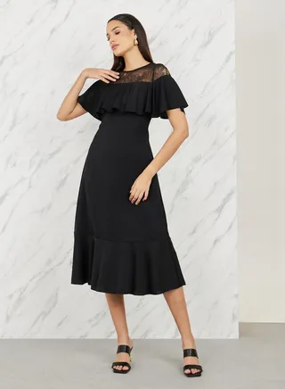 Mesh Insert Ruffle Detail A-Line Midi Dress