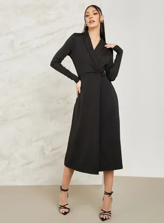 Solid Wrap Front A-Line Midi Dress 