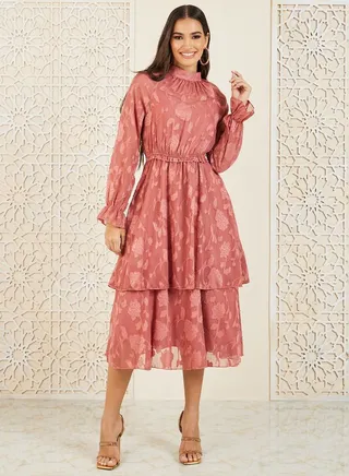 Burnout Texture High Neck Layered A-Line Midi Dress 