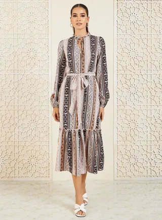Bohemian Print Tie Up Neck A-Line Midi Dress 