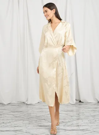 Jacquard Print Notch Lapel Neck Midi Dress