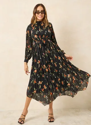 Pleated Asymmetric Hem Midi Dress 
