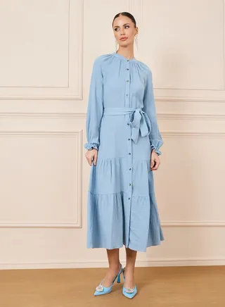 Button Detail A-Line Midi Dress with Self Tie Waist 