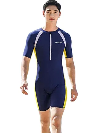 Colour Blocked Short Sleeves Swimwear Blue/White/Yellow 