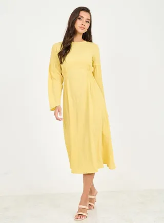 Textured Side Ruched Detail A-Line Midi Dress