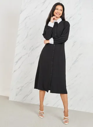 Contrast Cuff Sleeves Collared Shirt Midi Dress