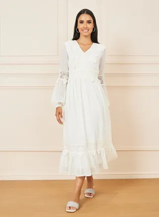 Embroidered Lace Ruffle Hem A-Line Midi Dress 