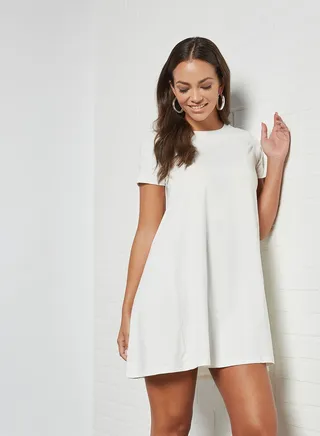 A-Line Short Sleeves Midi Dress Off White 