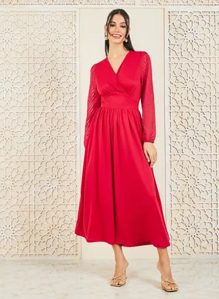 Zig Zag Texture Sleeves A-Line Midi Dress 