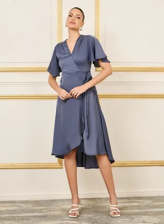 Satin Asymmetric Hem Wrap Midi Dress 